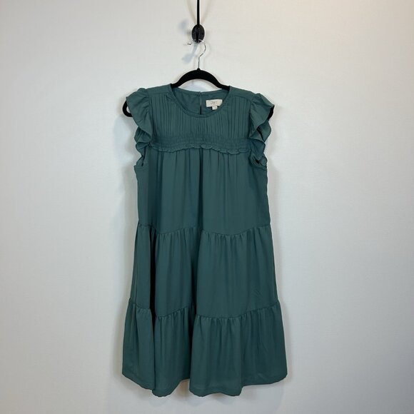 🛑 LOFT Size Medium Teal Sleeveless Ruffled Tiered Dress Pleated Smocked - Picture 2 of 10